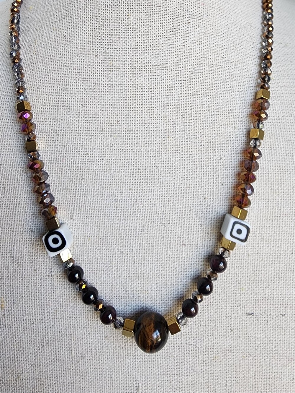 Tiger Eye Evil Eye Crystal Beaded Necklace Adjustable 18-22 Inch Handmade